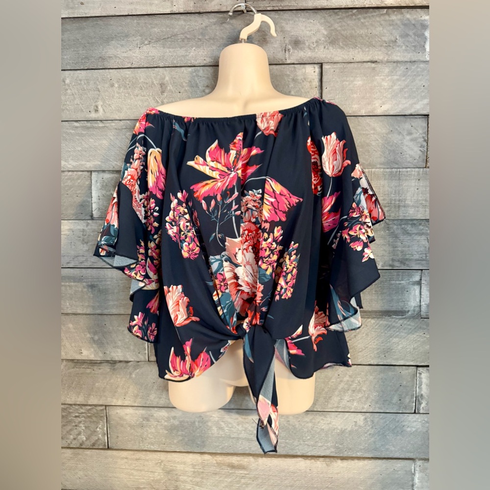 Women's Floral Off Shoulder Tie Front 3/4 Flutter Sleeve Blouse - S